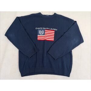 Chaps Ralph Lauren Flag Sweater Logo LG Mens Hand Framed Cotton Knit USA Chrty
